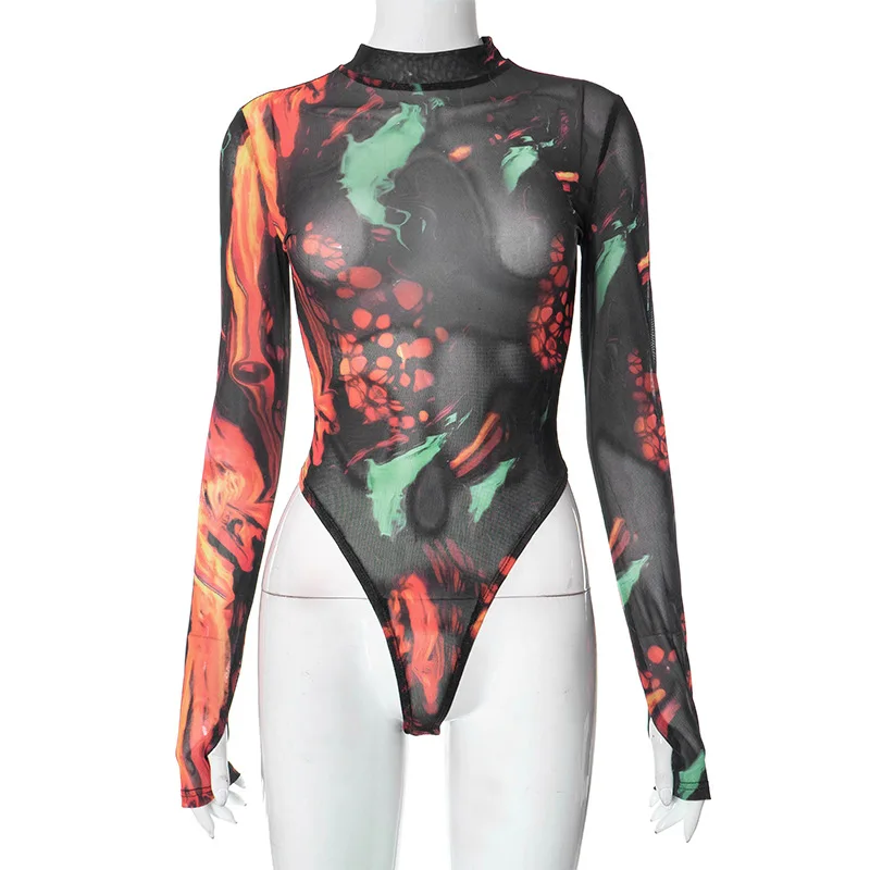 Body Sexy Tie Dye, lencería, corsé de manga larga, Top para mujer, traje Rave de una pieza, lencería ceñida femenina, corpiño transparente