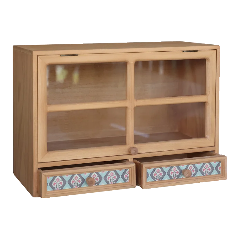 

Desk drawer type glass door cabinet locker perfume cosmetics retro desktop wooden storage box