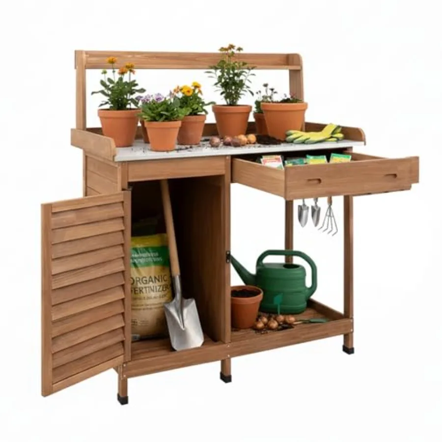 Potting Bench Table Work Bench with Storage Cabinet Outdoor Wooden Garden Workstation with Metal Tabletop/Drawer/Hooks/Open She