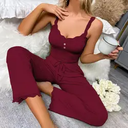 Women Pajama Set Solid Color Lace Flower Edge V Neck Tank Tops Drawstring Long Trousers Set Sexy Pajamas Camisole Loungewear