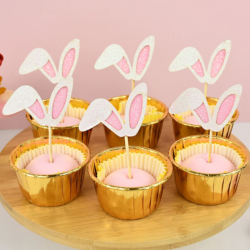 

12pcs Easter Bunny Cupcake Toppers Cute Rabbit Ears Cake Decoration for Kid Birthday Party Cake Dessert Decor Happy Easter Decor