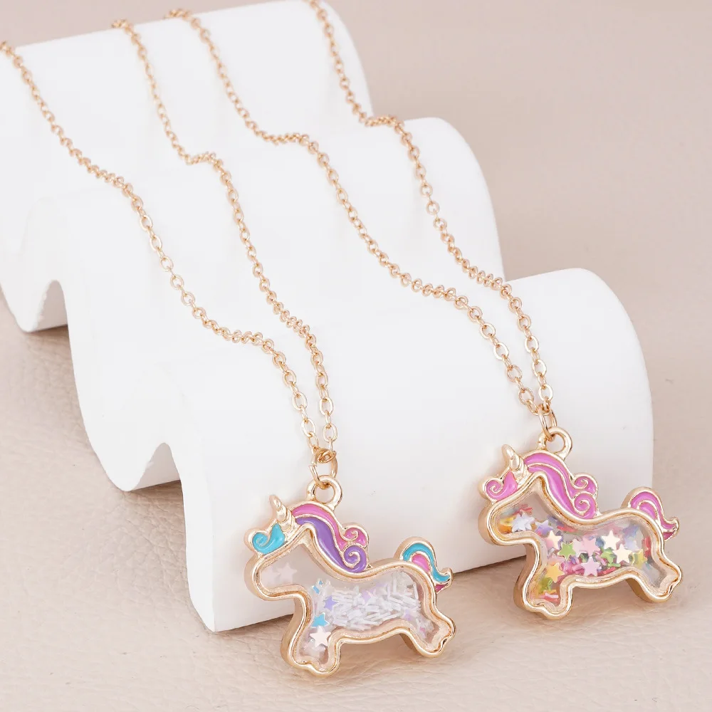 Cartoon Glitter Unicorn Alloy Pendant Transparent Pentagram Girl Necklace Entry