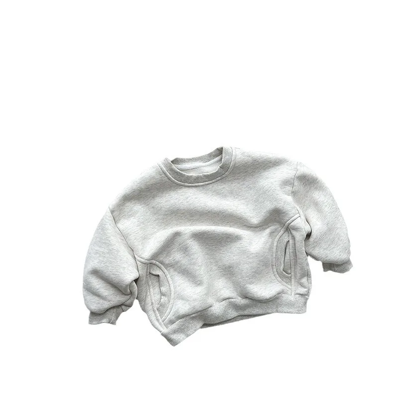 Korean Style Kids Fleece Sweatshirt Boys Girls Casual Warm Crew Neck Pullover Daily Basic Tops