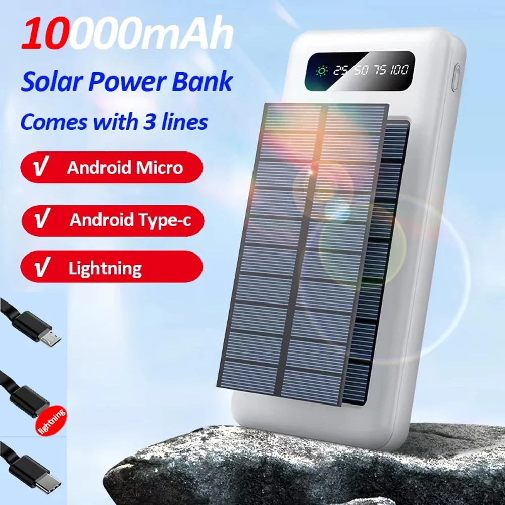 

Ranwomen 10000mAh Solar Power Bank Outdoor Camping Portable Charger Powerbank External Battery Charger with LED Light For iPhone