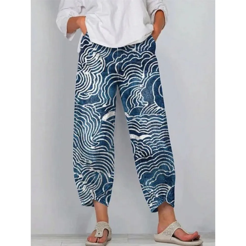 Damen Baumwoll-Haremshose mit Japanischem Ukiyo-E Wellen- und Blumenmuster, Locker Geschnittene Caprihose in Tulpenform, Knöchellange Freizeithose – Detail 9