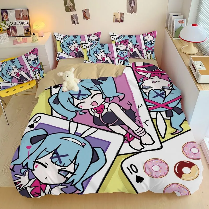 漫画アニメーション初音ミク4点セットホームベッドキルトカバー可愛いベッドシーツ学生寮3点セット卸売