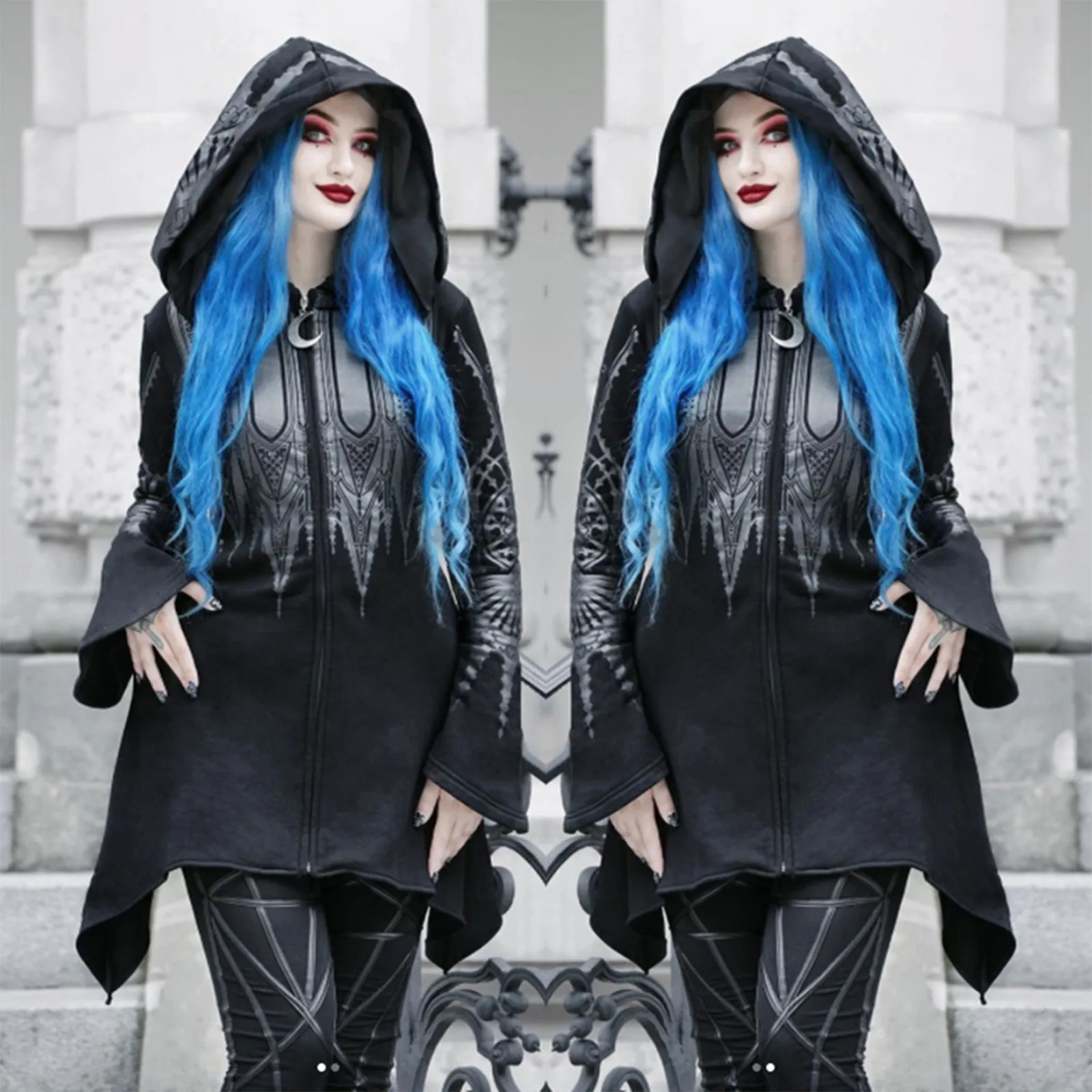 Halloween Sweatshirt Dark Punk Gothic Print Black Long Hooded Sweatshirt Leather Cutout Long Sleeve Cosplay Y2k Sweatshirt Robe