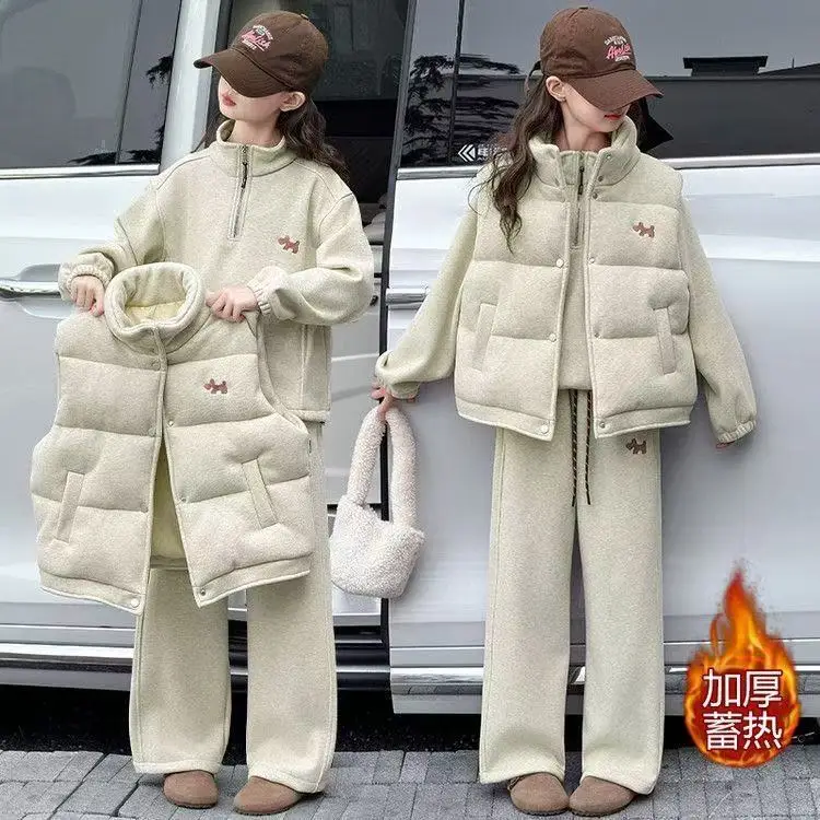 Girls Autumn Winter Embroidery Thickened Velvet Warm Sport Hoodies Pants Children Outfits Down Cotton Vest Kids Boutique Set