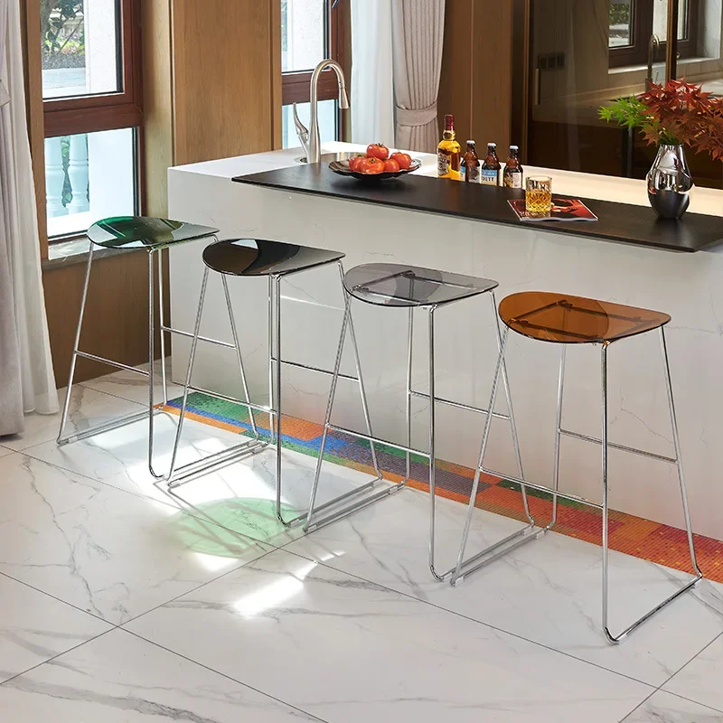 Silla de bar transparente nórdica, taburete alto acrílico, taburete de bar de hierro forjado, silla tipo isla, taburete alto