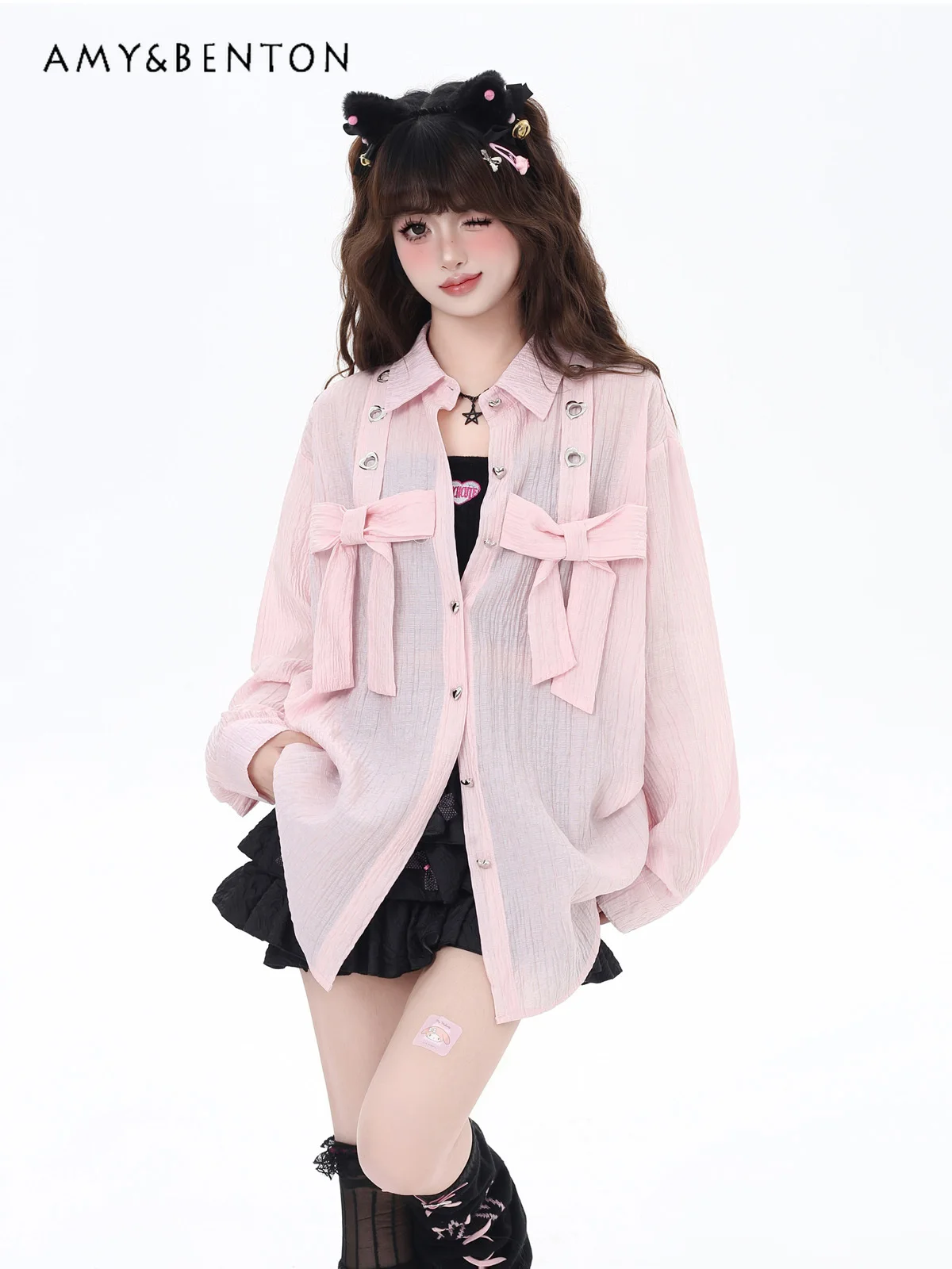 French Girly Bow Sweet Shirt Loose Casual Single-breasted Long-sleeved Shirt Jacket Medium and Long Spring Thin Blouse Women