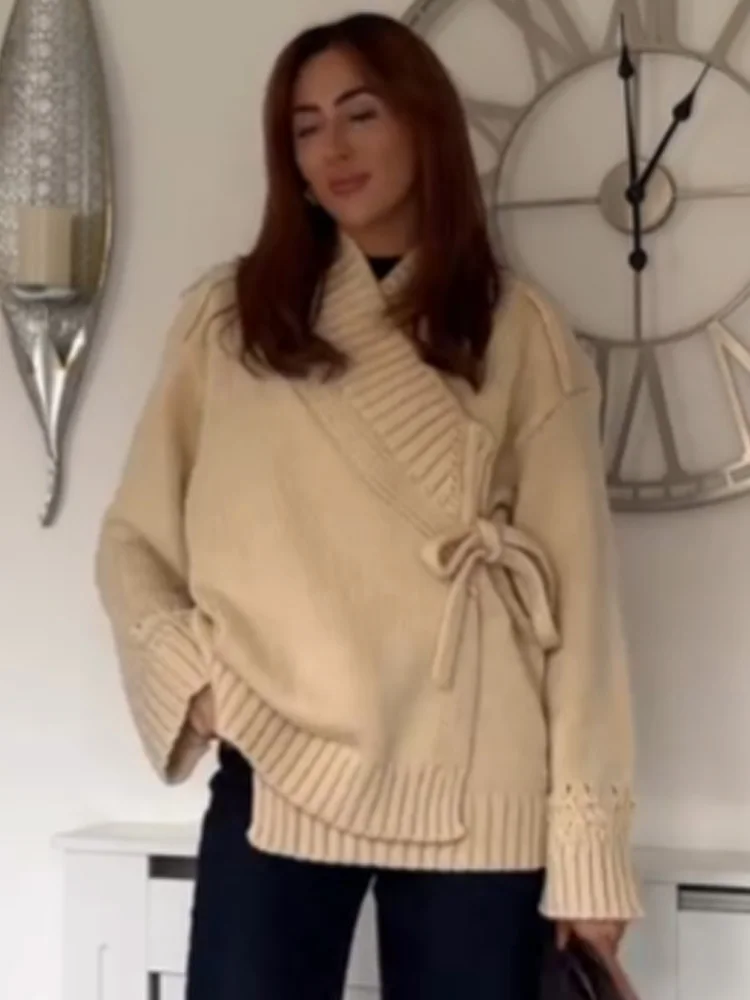 

HH Women Fashion Sweaters Long Sleeves Lace-up Decorate Kimono Style Cardigans Female Spring Solid High Collar Knitted Coat