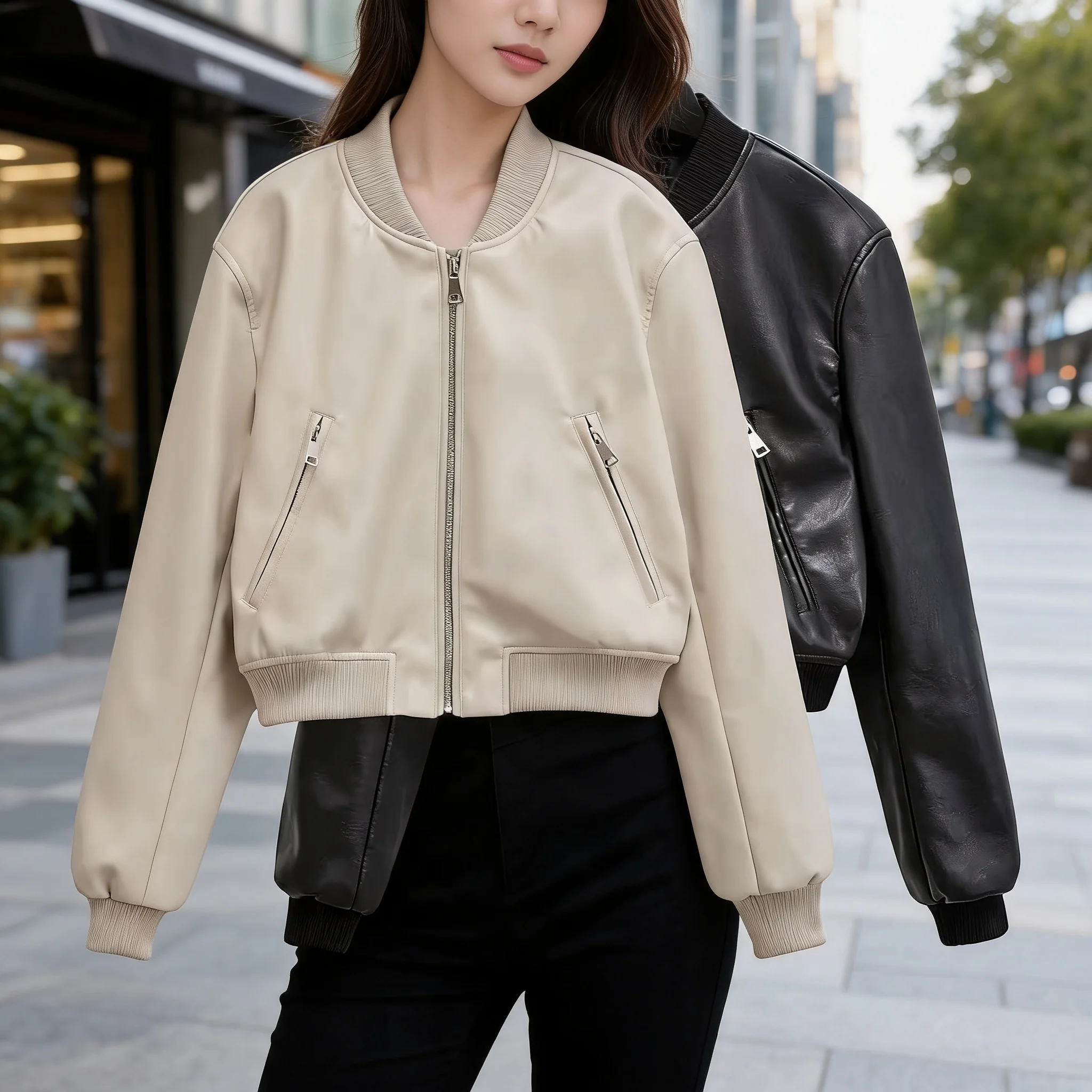 Single Stand Collar Slim Fit Streetwear Coat with Pocket Detail Regular Length Zipper Closure Long Sleeve Spring Women Jacket