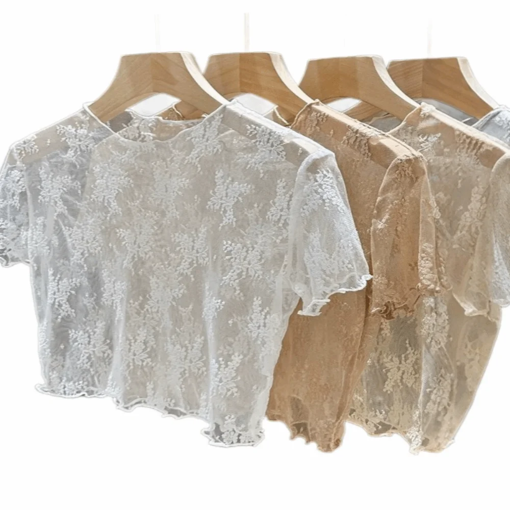 Cool Nylon Lace Short Sleeve Top Thin Light Fabric Short Sleeve Hollow Out Layering Tee Breathable Sling Dress Cover Up Women