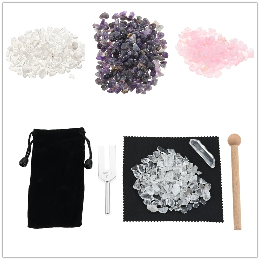 1set 4096 Hz Tuning Fork with Crystal (White/Pink/Purple) Hammer Bag Cleaning Set Sound Therapy DNA Healing Decompression Yoga