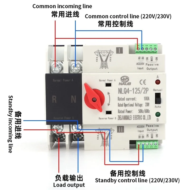 ATS millisecond level NLQ4-125/2P dual power automatic transfer switch 100A mains selection