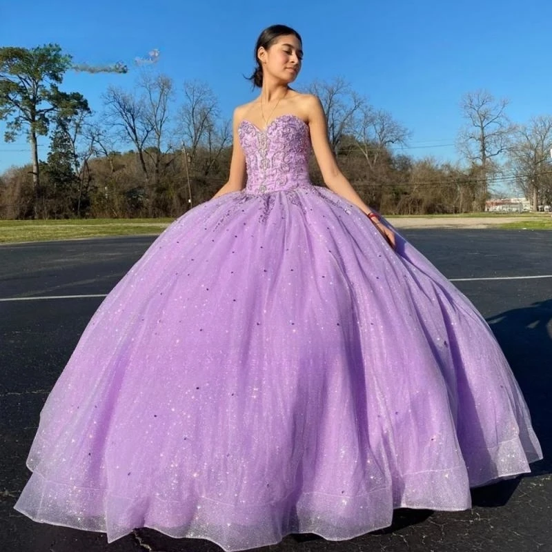 

Новое поступление, фиолетовое бальное платье, платья Quinceanera 2023, топ с бисером, блестящая ткань, со шлейфом, милые платья для девочек на день рождения 15 16