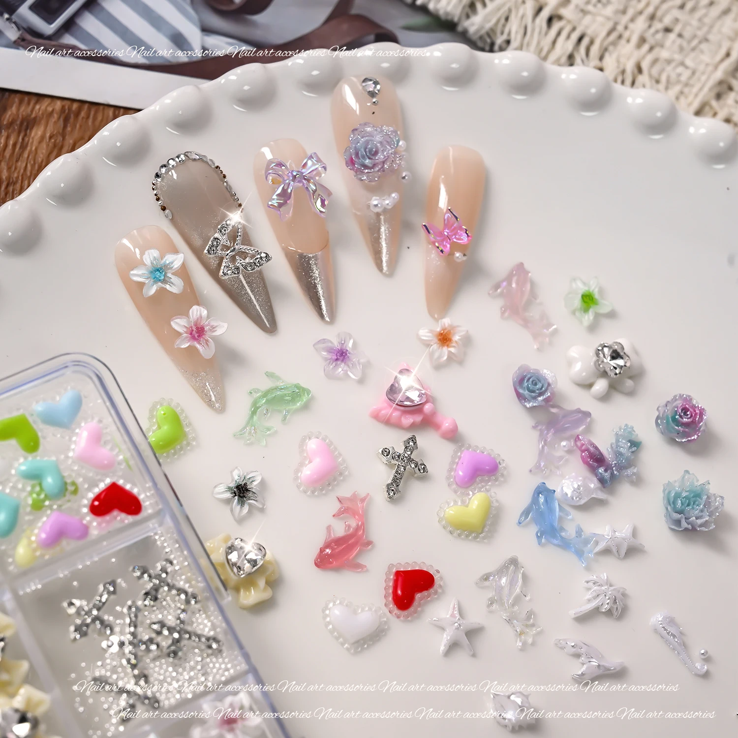 1Box Floral & Heart Nail Charms Transparent Crystal Rhinestones Nail Ornaments Cute 3D Nail Art Decorations for Wedding & Daily*