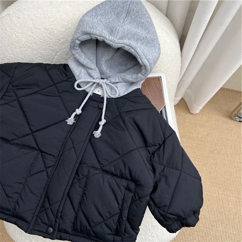 

Children Cotton Padded Coats Winter Solid Plaid Warm Boys Girls Hooded Parka 1-8Years Kids Loose Casual Quilted Jackets