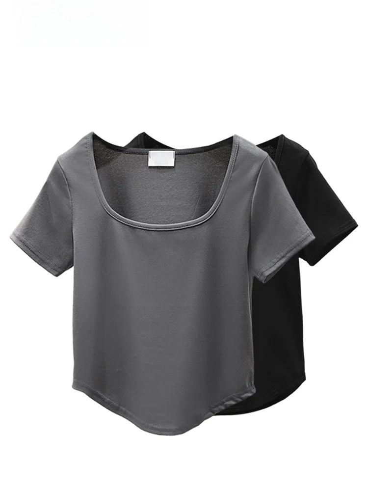 

plus Size Square Collar Short Sleeve T-Shirt Women Summer Loose Belly Covering Slimming Asymmetrical Korean Style Top