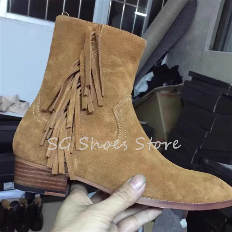 

Fashion Male Genuine Leather Shoes Tassel Faux Suede Chelsea Boots for Men Pointed Toe Chunky Heel Slip-On Ankle Boots Handmade
