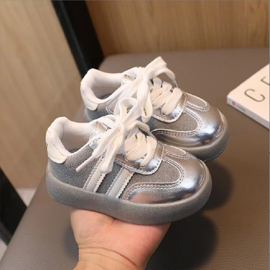 Unisex Children Leather Sneakers Anti-Slippery Soft Sole Casual Shoes All Seasons Black Silver