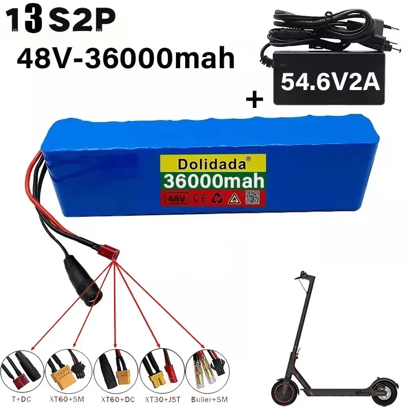 13S2P 48V Battery 36000mah Li-ion Battery Pack with 250W 350W 500W 750W 1000W BMS and Free 54.6V Charger