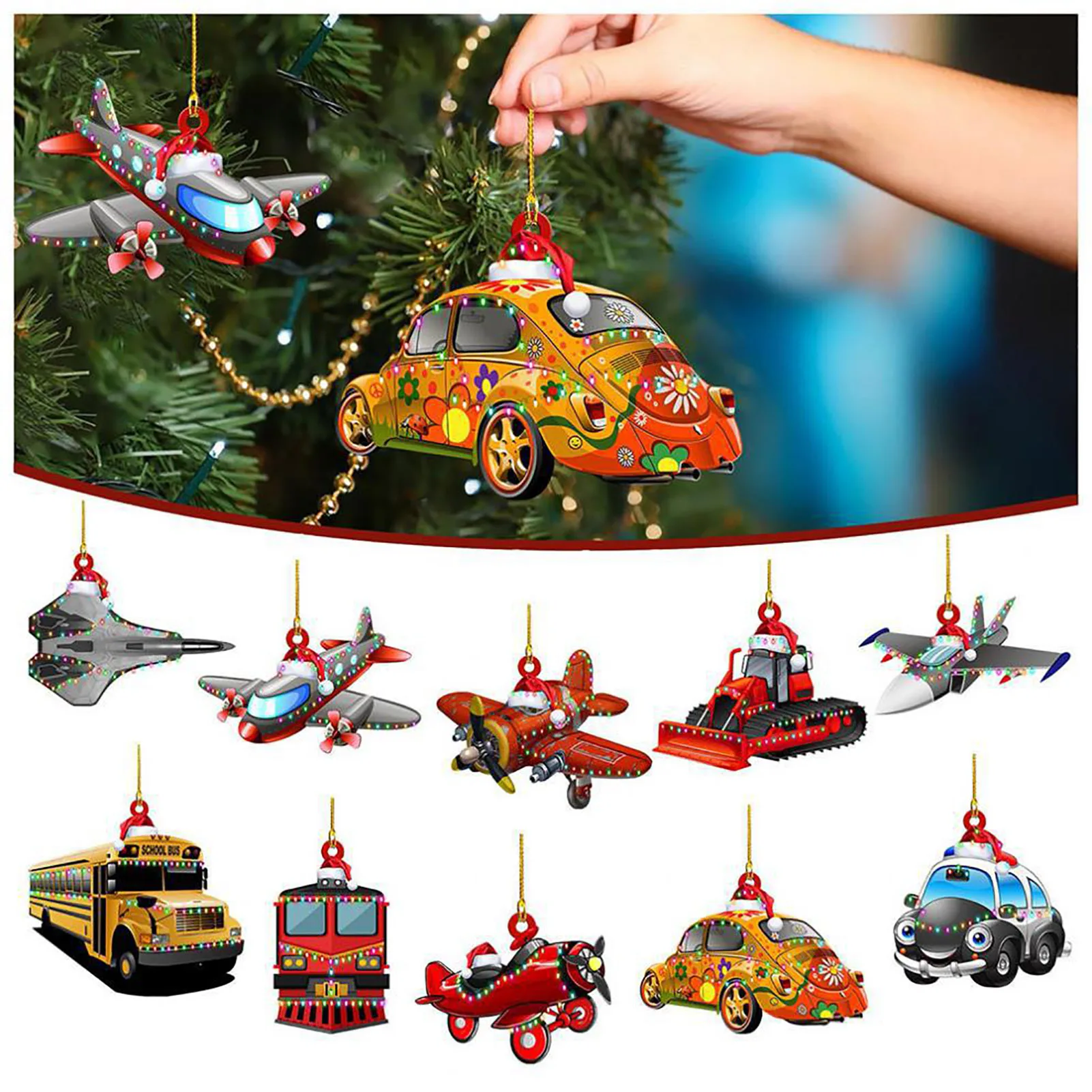 Cartoon Airplane Car albero di natale ciondolo decorazioni appese creativo 2D acrilico escavatore ornamenti aerei decorazioni per l\'albero di natale