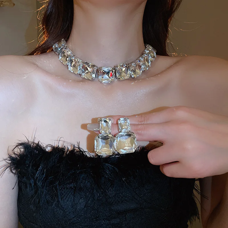 クリスタル ステートメント ネックレスとイヤリング セット、スクエア カット ラインストーン ジュエリー、シャンパン ゴールド