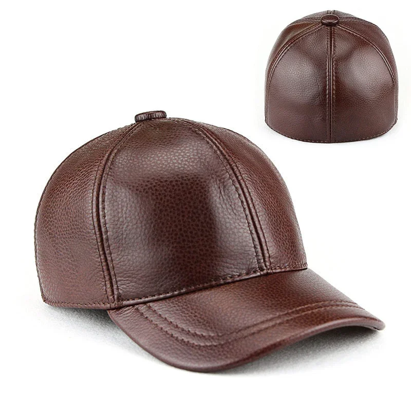 Genuine Cowhide Fitted Full Closed Cap Hat Top Layer of Leather  Bill New Trucker Men Dad Elder Baseball Snapback Sun Visor Era