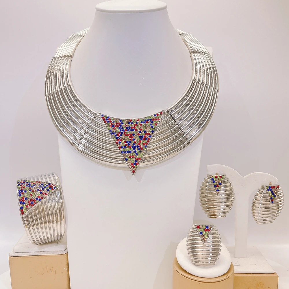 Hot Sale 4Pcs Multi-Color Rhinestones Jewelry Set Modern Triangle Statement Necklace Bracelet Ring & Earrings