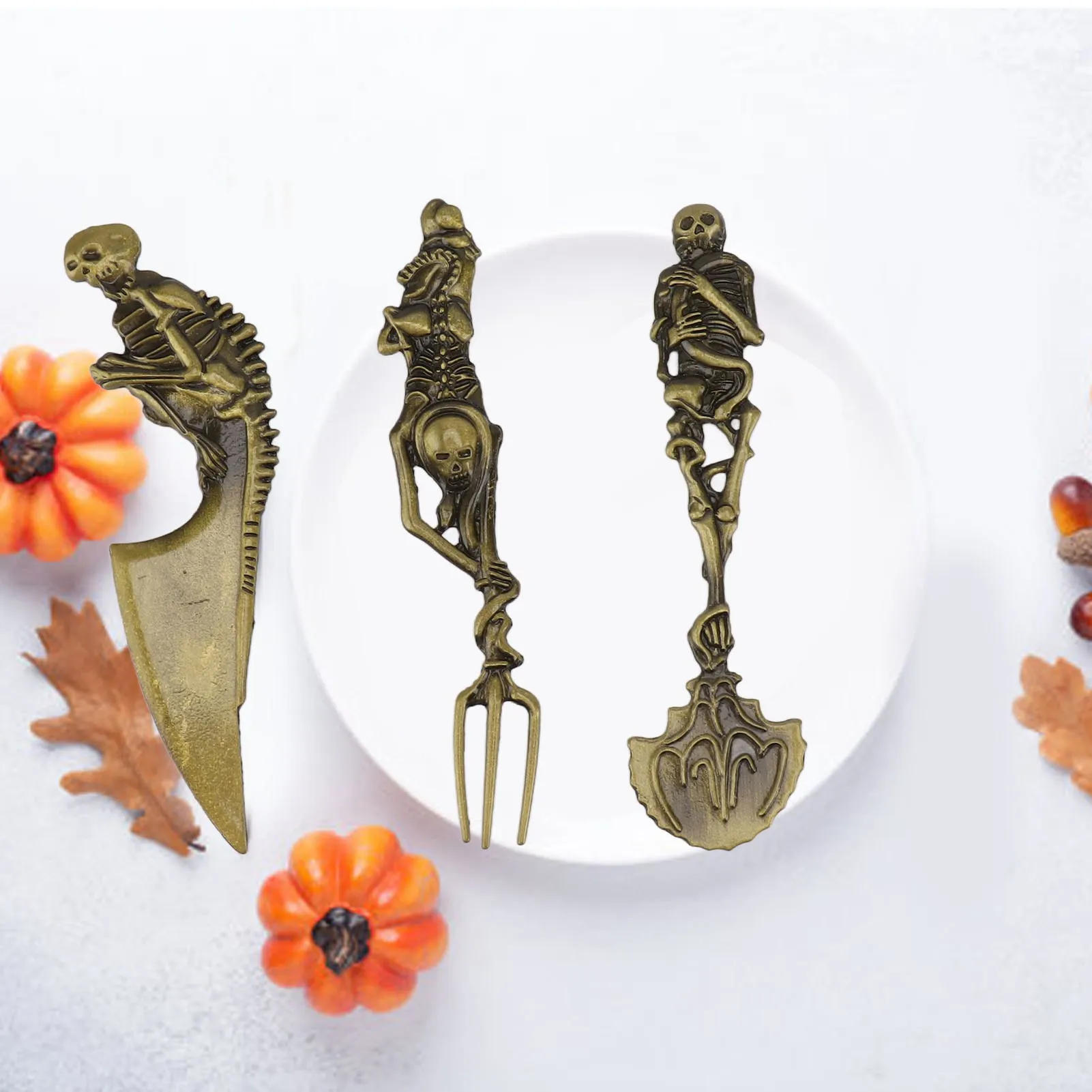 Halloween Skeletal Cutlery Sets Personality Skull Metal Zinc Alloy Tableware Creativity Skeleton Fork Spoon Knife Halloween Gif