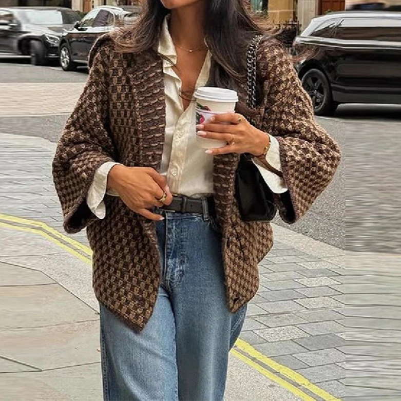 

Fuzzy Sleeve Coat Women's 2025 V Neck Belted Tweed Jacket Elegant Winter Outerwear