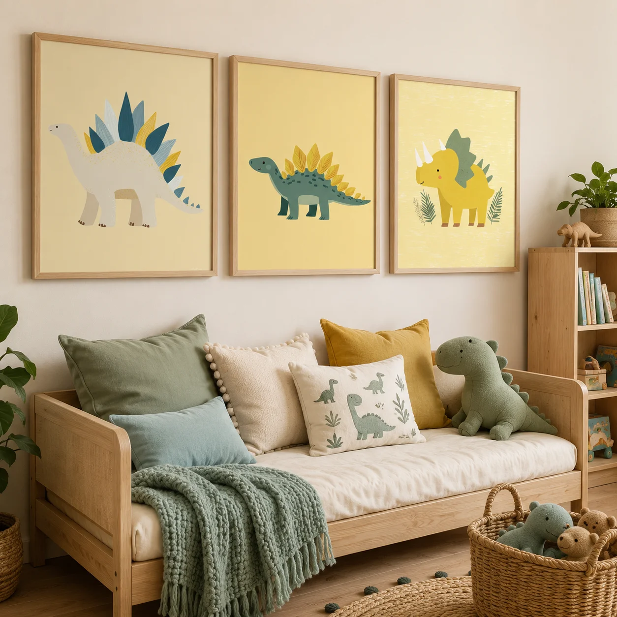 Nursery Wall Art, Cartoon Dinosaur Canvas Painting, Minimalist Animal Poster Print for Kids Boy Girl Bedroom Wall Decor