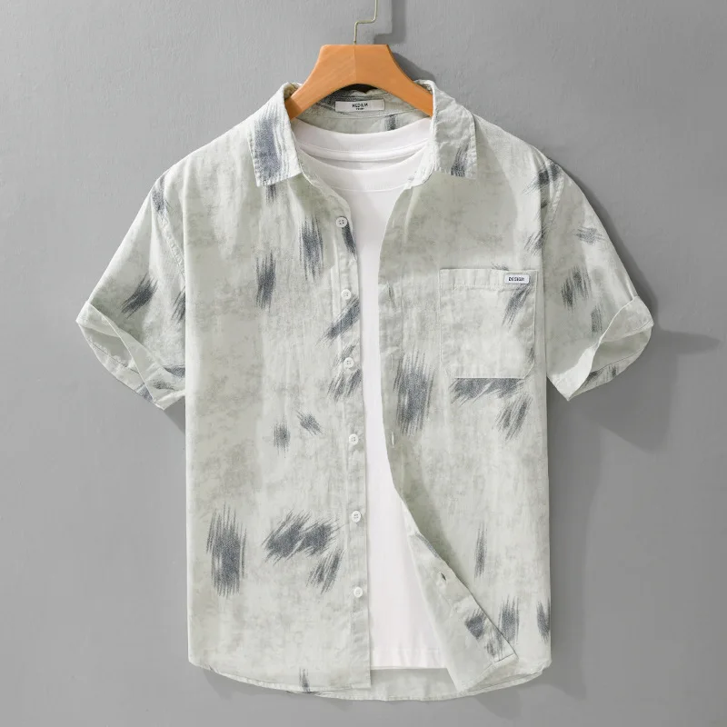 Summer men's simple printed versatile short sleeved shirt with comfortable and breathable texture, fresh and casual shirt