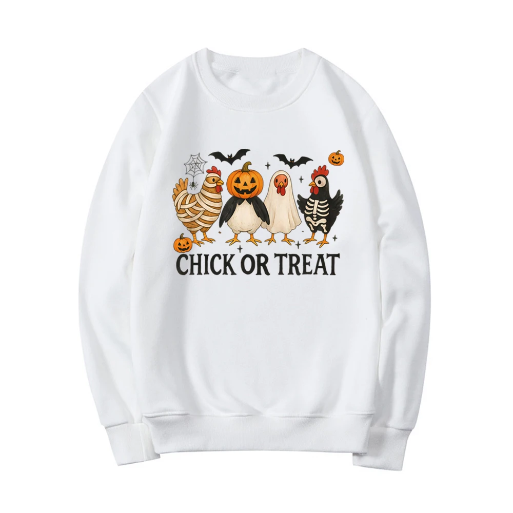 Chick or Treat Sweatshirt Spooky Chicken Halloween Sweater Long Sleeve Women's Sweatshirts Funny Halloween Chicken Hoodie Tops