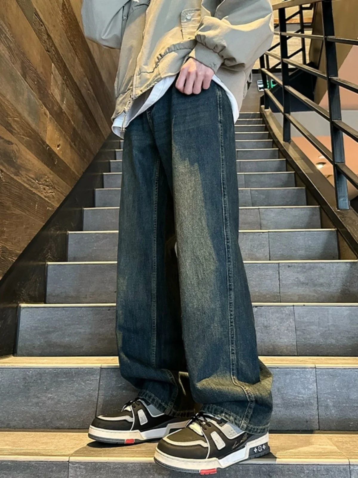 

Waed American Sle Men's Straight Leg Loose Wide Leg Jeans Spring Autumn Long Pants Floor Length Trousers Vintage Vibe