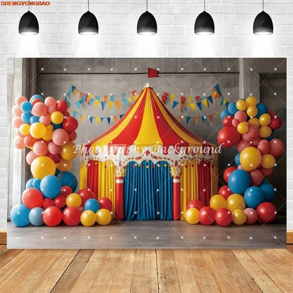 Ballons d'arrière-plan de cirque, tente, réception-cadeau pour bébé, nouveau-né, fête de 1er anniversaire, Portrait d'enfants, arrière-plan de photographie, Studio Photo
