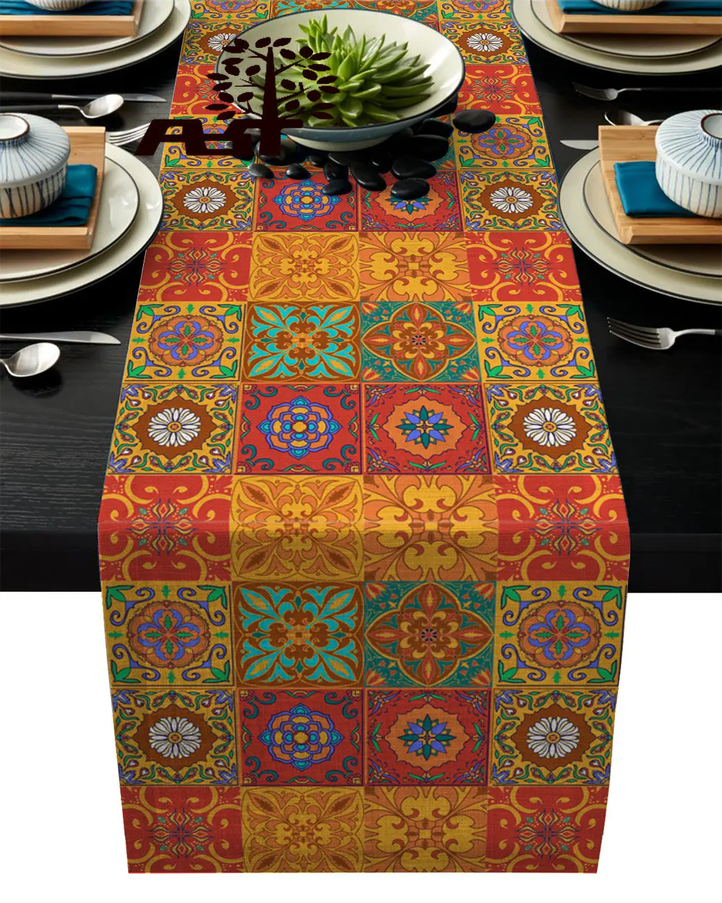 Retro Tile Pattern Image Orange Table Runner Modern Linen Cotton Table Cloth Decoration For Home Wedding Christmas Party