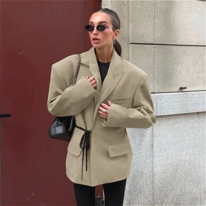 Women Solid Blazers Lace Up Coats Shoulder Pad Turn Down Collar Long Sleeves Thick Loose Casual Office Lady 2026 Autumn Winter