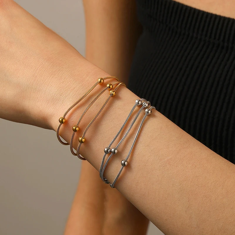 Exquisite 18k Gold Color Plating Stainless Steel Chain Bracelet Three Layer Round ball Bracelet Stackable jewelry No Fading