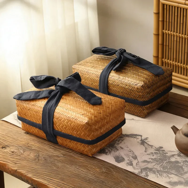 Handmade Bamboo Braided Tea Set Storage Box Retro Desktop Organizer for Home Tea Room Creative Gift Packaging Finishing Case
