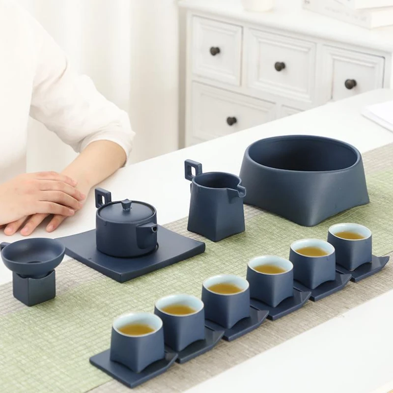 Creative Rough Pottery Square Round Tea Set Large Set of Business Gifts With Tea Wash Cup Cups Teaware Kitchen Dining Bar Home