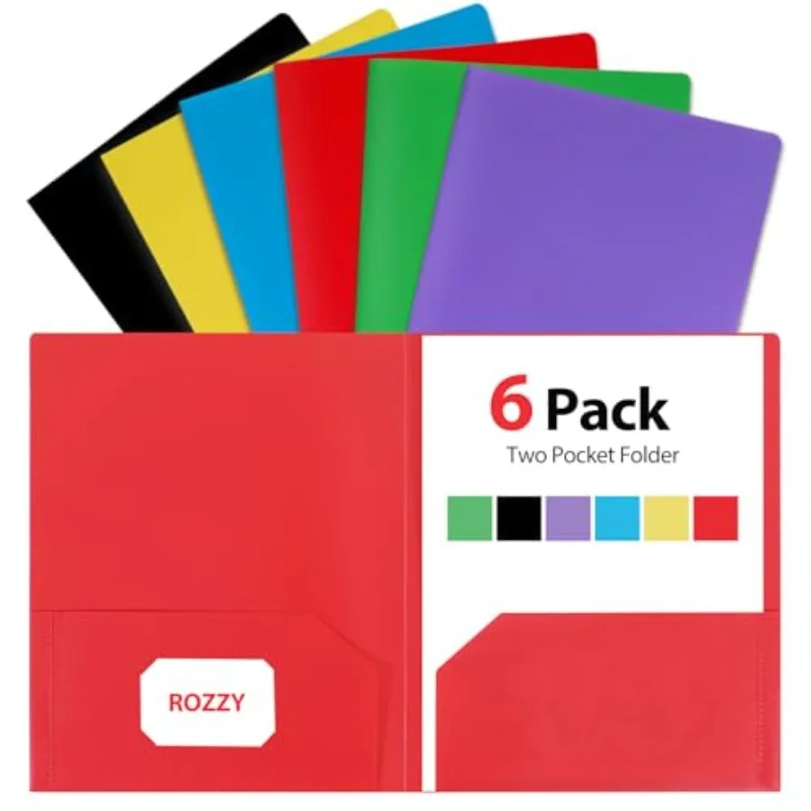 

Plastic Folders with Pockets, 2 Pocket Folders for Letter Size 8.5 x 11 Paper, 6 Rainbow Colors, Colored School Folders with Bu