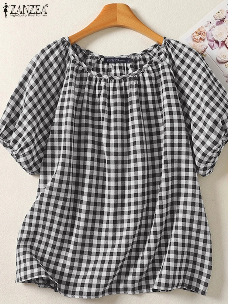 

ZANZEA Women Fashion Gingham Blouses 2025 Summer Casual Round Neck Short Puff Sleeve Blusas Mujer Streetwear Checked Chemise Top