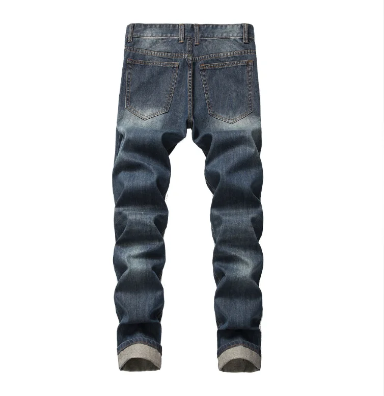 Men's Distressed Straight-Fit Slim-Fit Stretchless Denim Pants Rugged North American Style with Multiple Holes
