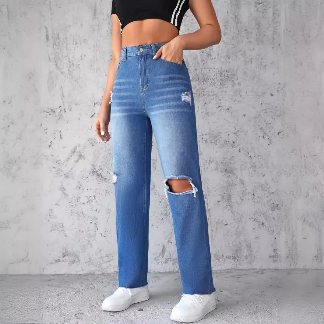 Straight Leg Ripped Loose Jeans, Women's Spring and Autumn New Water Washing Jeans, Personality Abrade Broken Wide-leg Pants