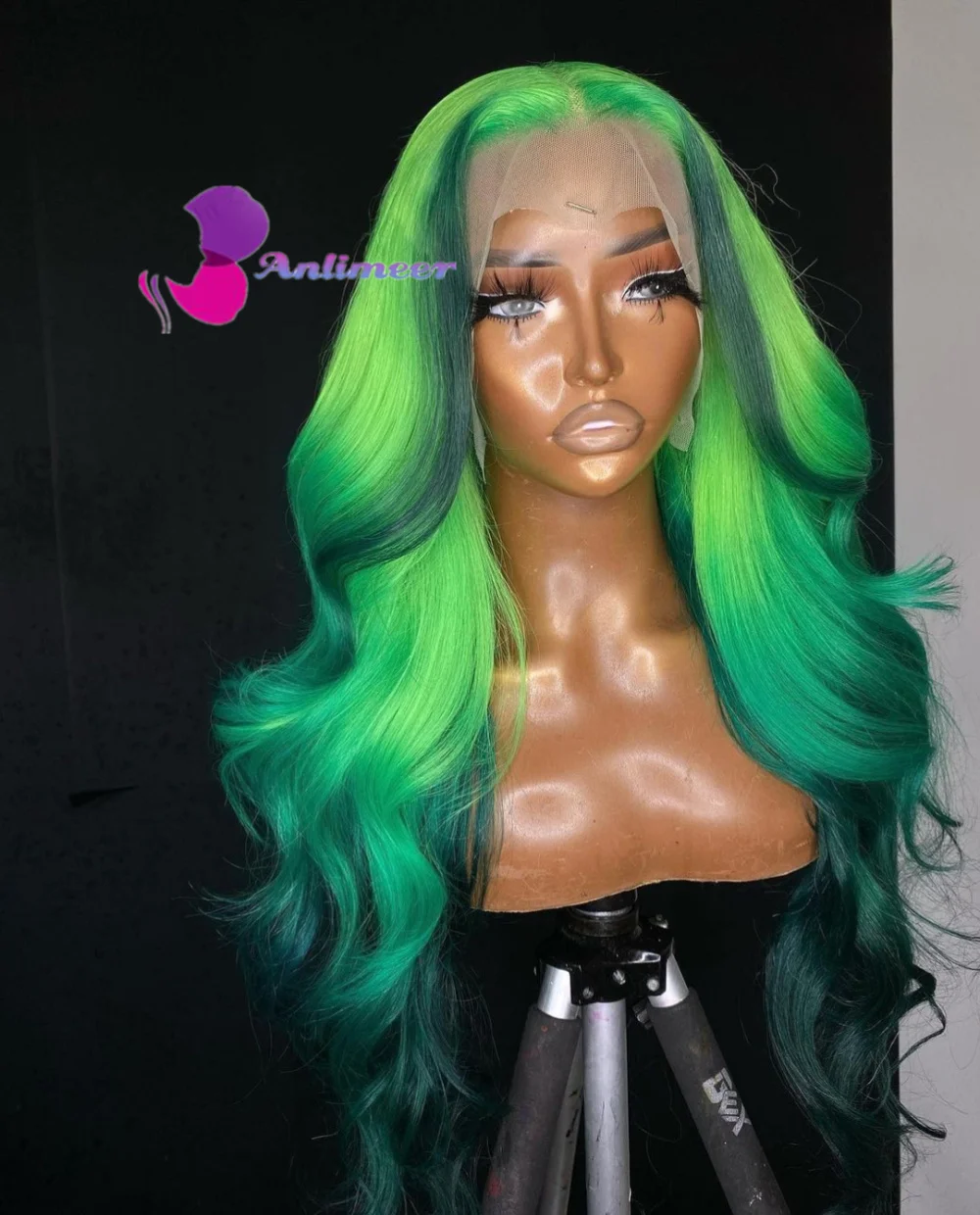 Ombre Neon perucas verdes para mulheres, onda solta, frente de renda, cabelo humano, verde escuro, balayage perucas, branco