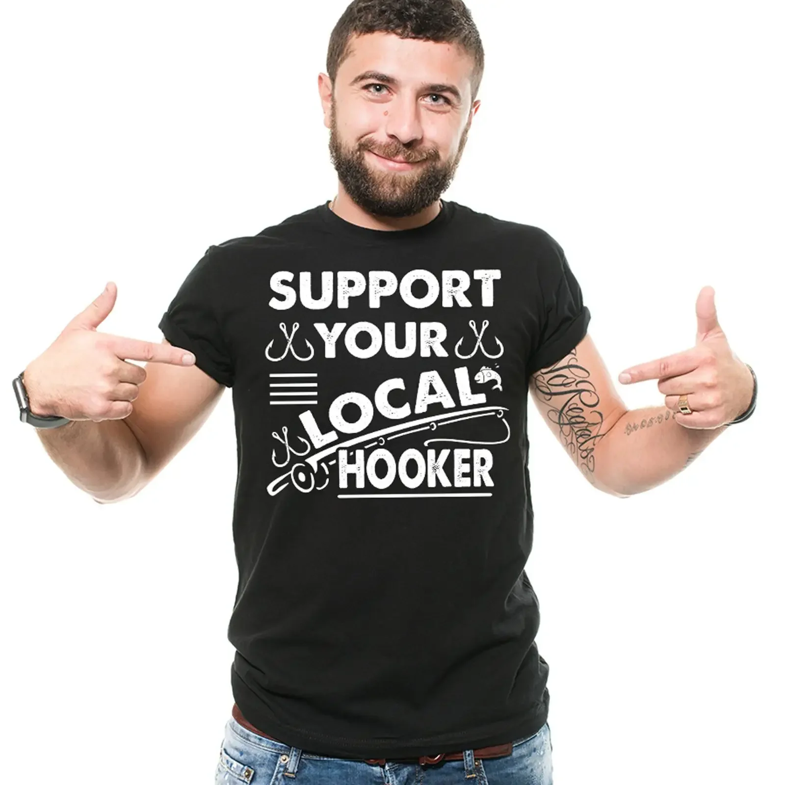 Funny Fishing T Shirt Support Your Local Hooker Fisherman  vintage Washed streetwear homme graphic Casual Top For Everyday Wear