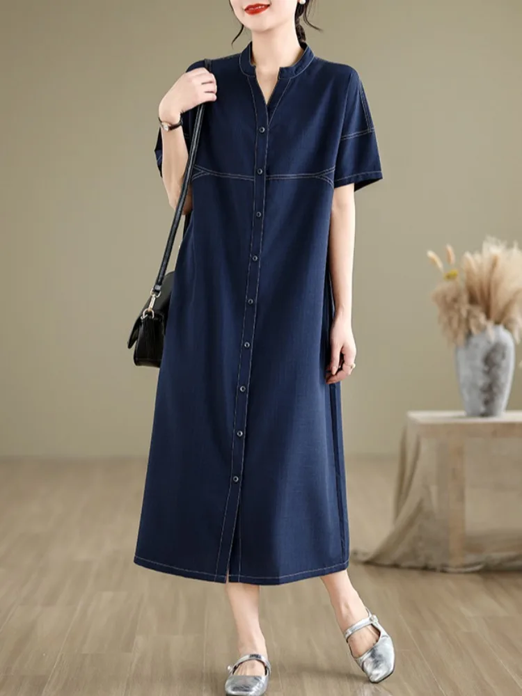 Robe chemise droite bleue à manches courtes pour femmes, chemise boutonnée sur le devant, robe mi-longue de style coréen, robe trapèze pour dames, bureau, #3872