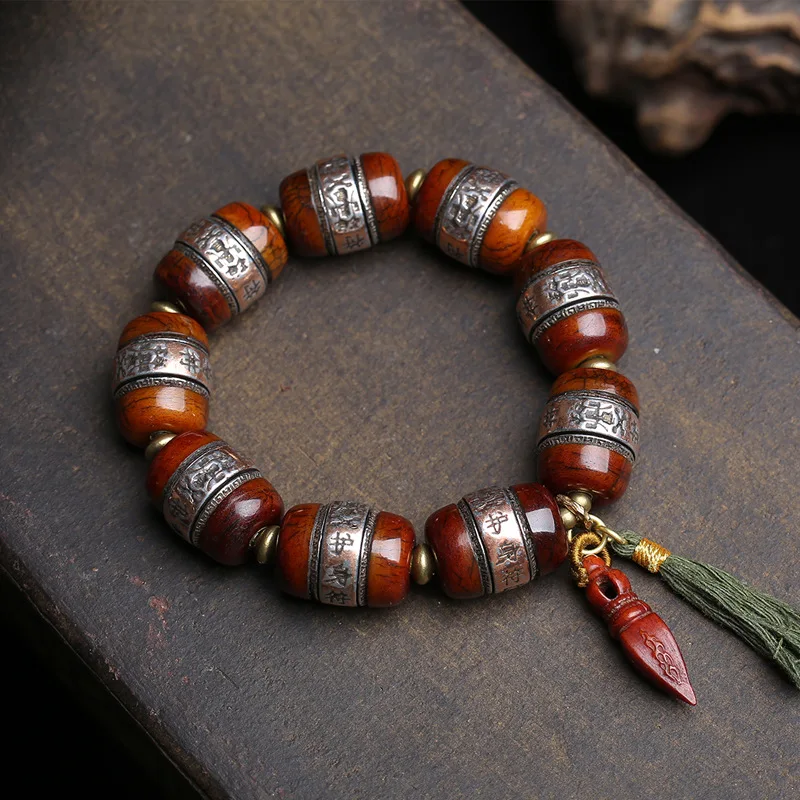 Vintage Chinese Tibetan Style Yak Bone Silver Inlaid Bracelet Rotatable Engraved Mantra Beads Vajra Pendant Lucky Amulet For Ble